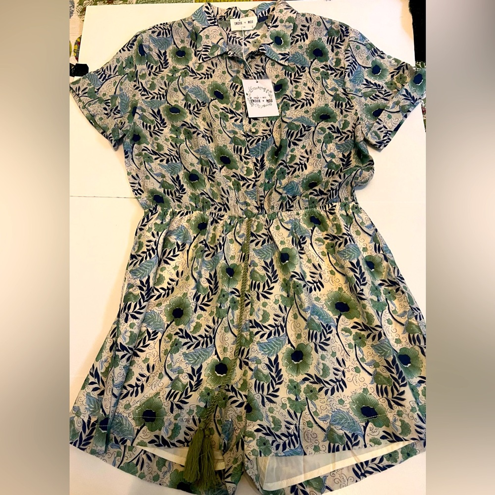 NWT INDIE + ME S romper. Lovely green print.